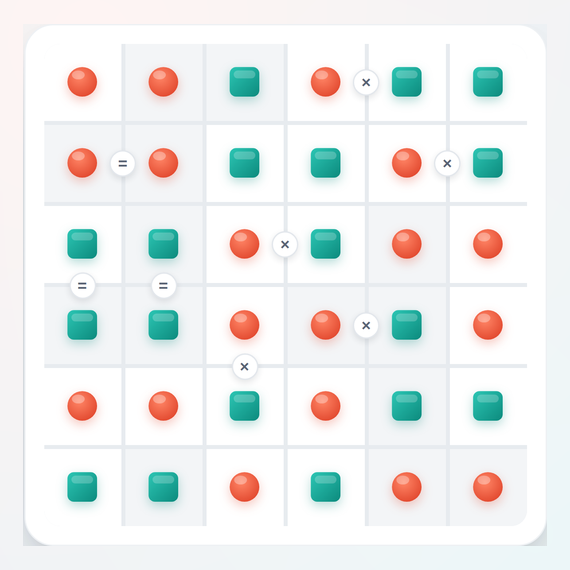 Solstice, a grid of coral circles and teal squares